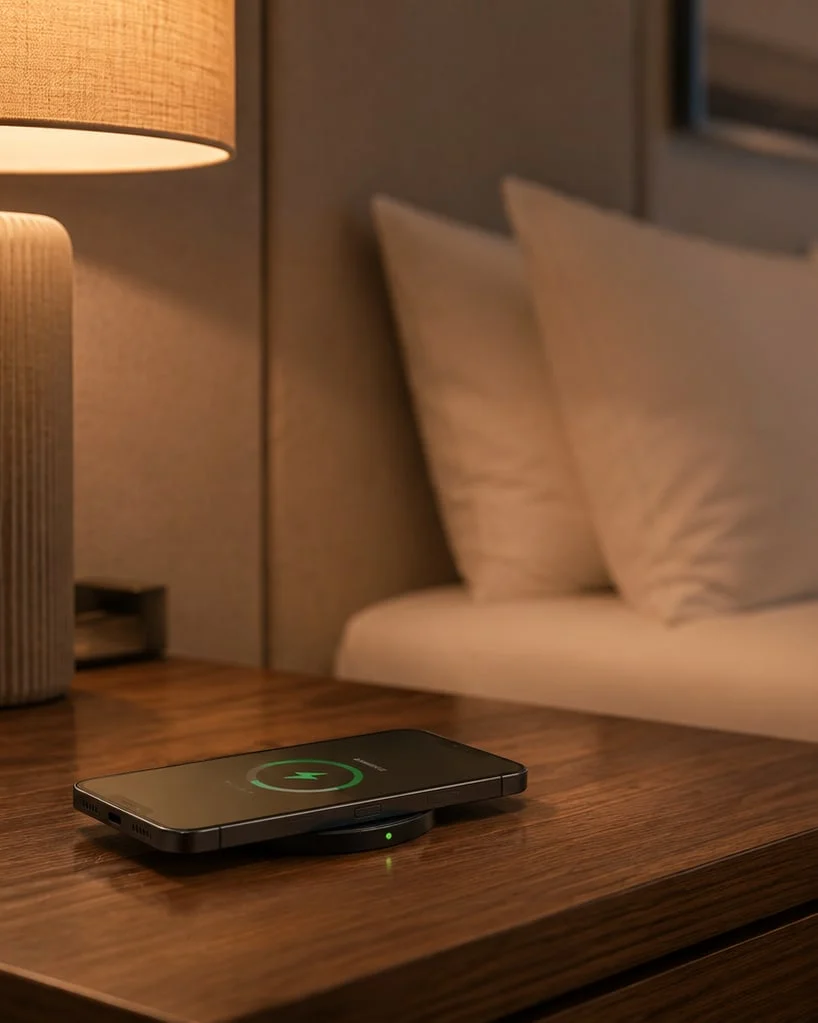 Phone charging on a SwiftPro charger on a hotel bedside table