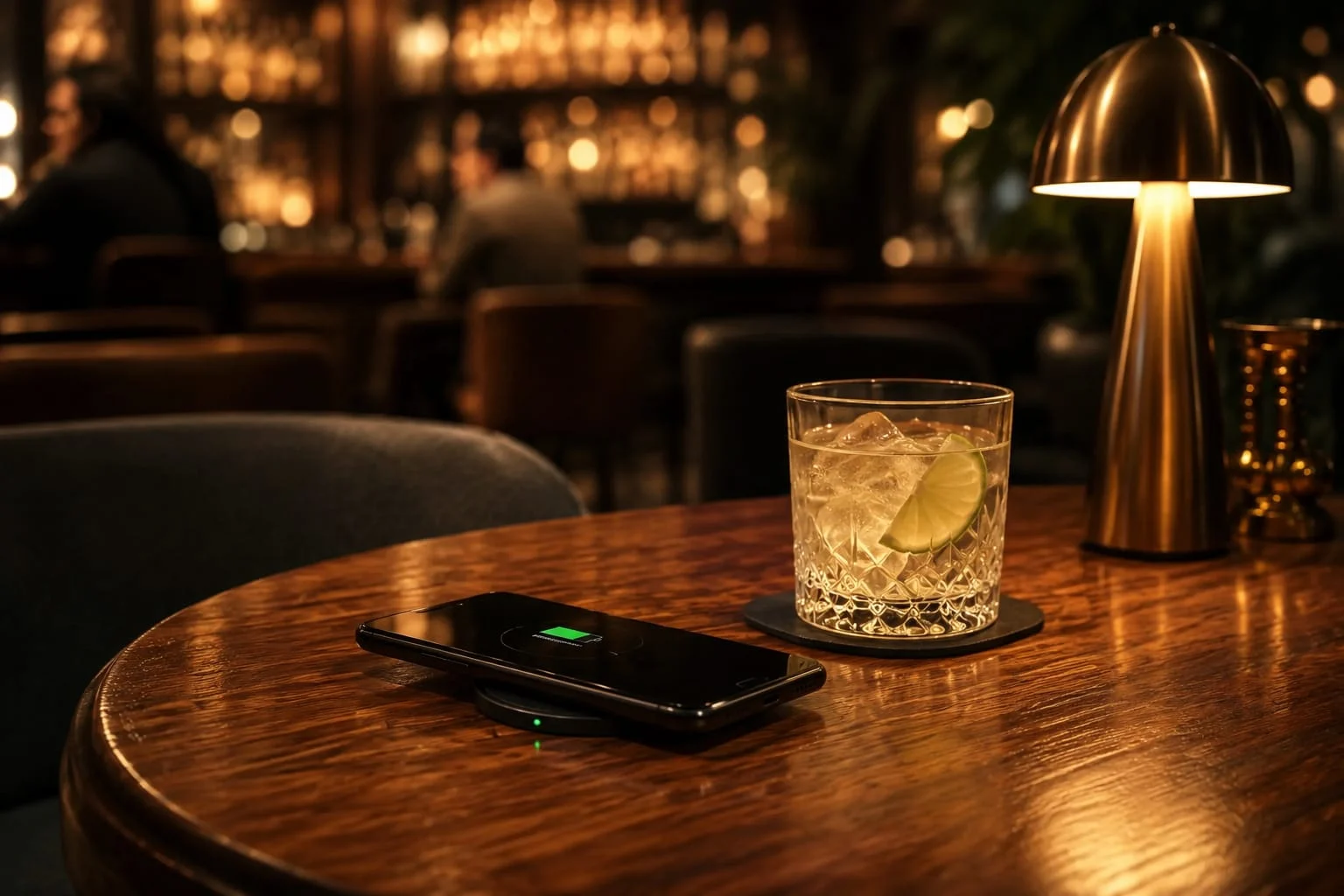 Phone charging on a wireless charger set into a timber table in a cocktail bar
