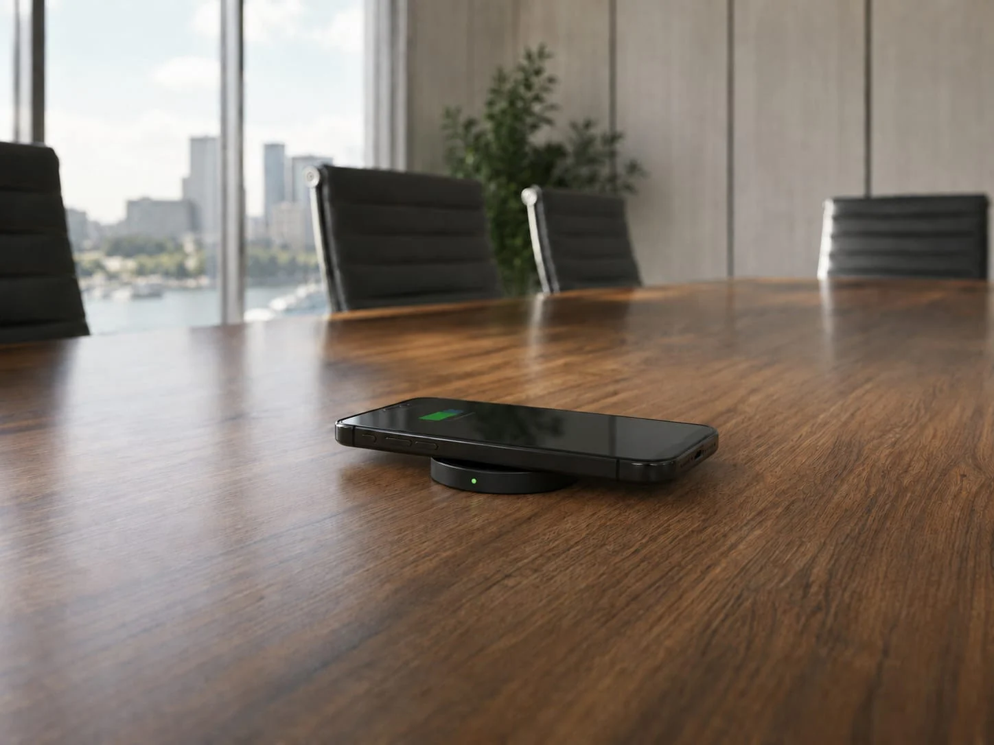 Phone charging on a SwiftPro charger set into a boardroom table